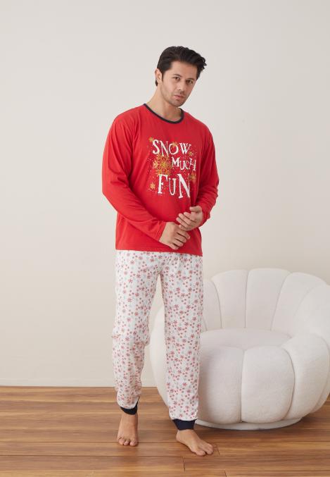 Pijama barbati Craciun "SNOW MUCH FUN" , maneca lunga ,pantaloni lungi,Culoare Rosu ,Engros